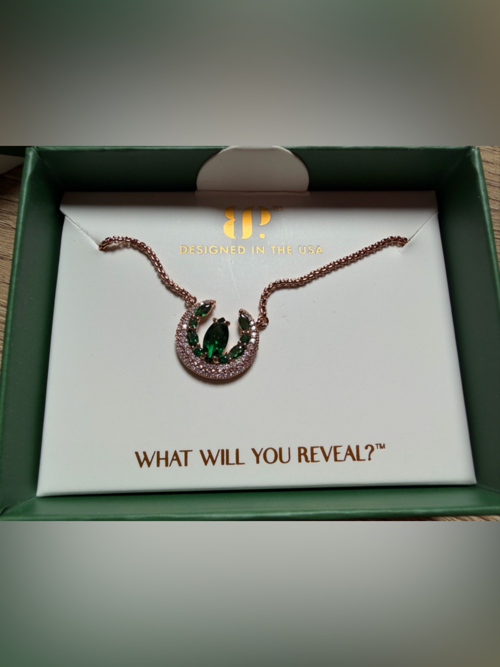 May 2026 Rose Gold emerald Green Crystal Crescent necklace